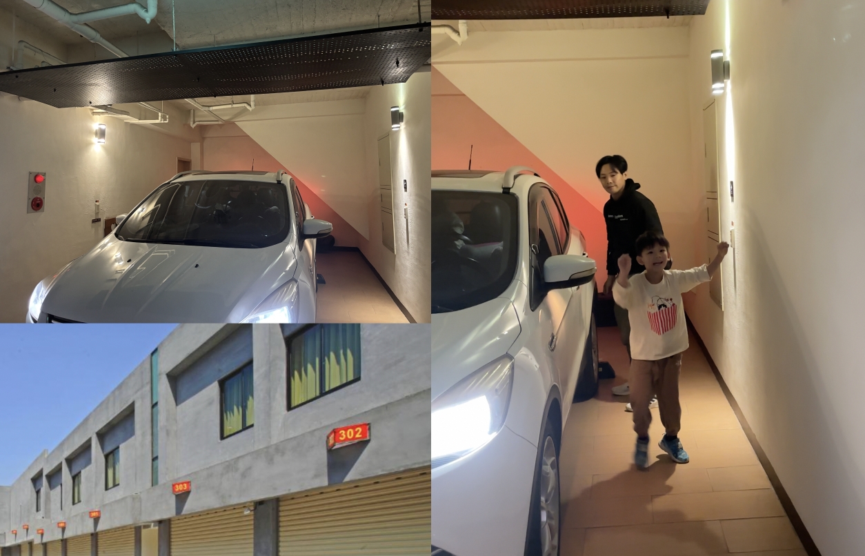 台南歐薇汽車旅館親子四人房車庫入口